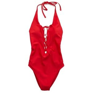 Aerie Lace Up One Piece Swimsuit Red
